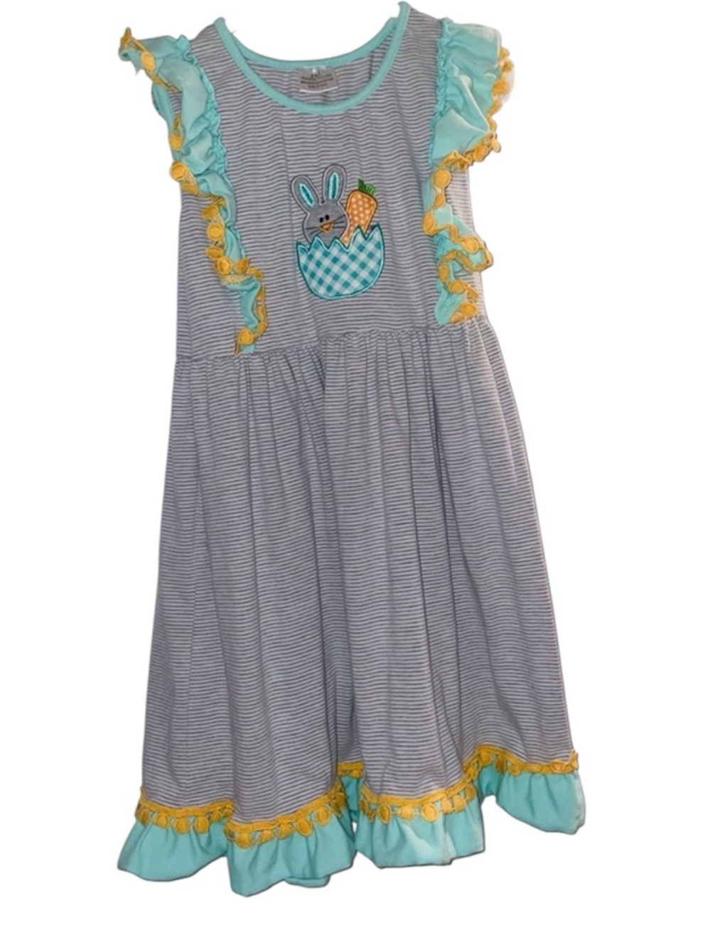 Ann Loren Boutique Easter Bunny Dress Gray Striped Ruffle Girls Size XL 7/8